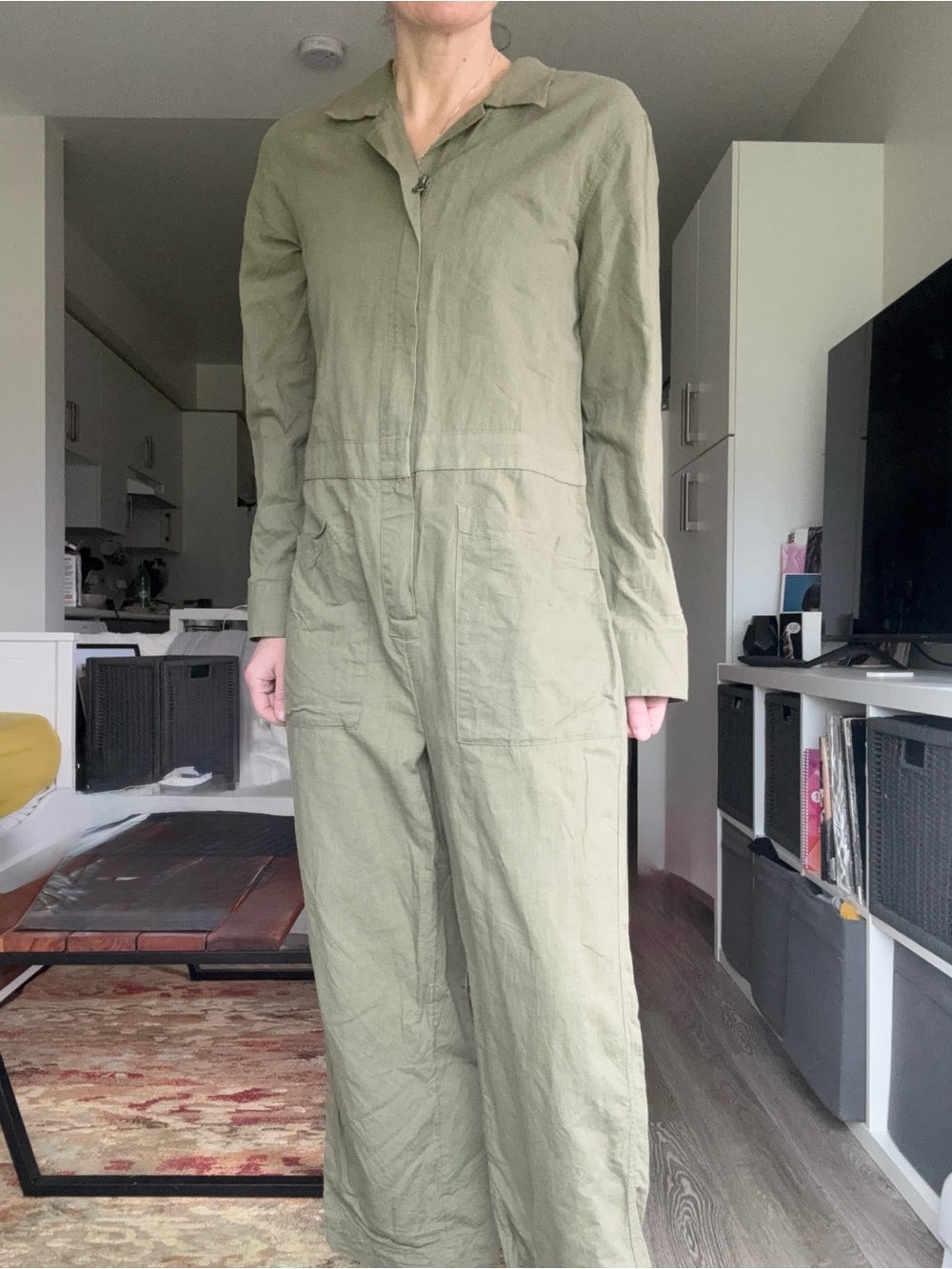 Pact Organic Cotton Sage Green Utility Jumpsuit Long Sleeve Coverall Size M